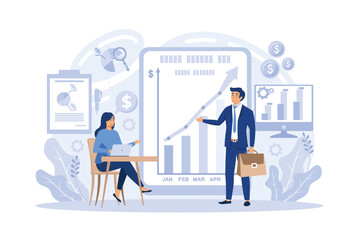 Market analysis, financial advizor, customer relationship manager business profession set. Man analyzes documents vector illustration