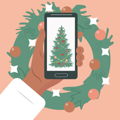 New Year or Christmas. Smartphone or tablet, space for text. Christmas decorations . Vector illustration.
