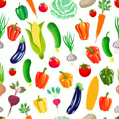 Seamless pattern with vegetables. Tomatoes, paprika, cucumbers, eggplants, corn cobs, beets, radishes, onions, garlic, carrots.