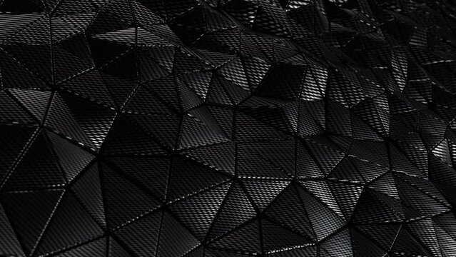 Realistic looping abstract DOF camera 3D animation of the dark moving carbon fiber triangles pattern rendered in UHD as motion background