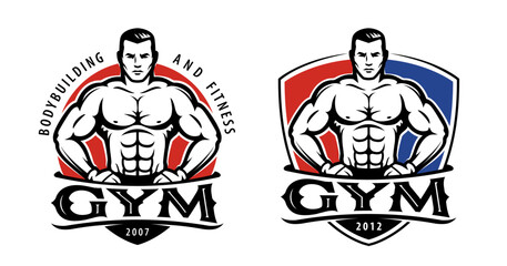 Gym logo template. Design for sport label, fitness badge. Sport symbol, bodybuilding emblem. Vector illustration