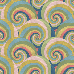 seamless pattern of multicolored spiral filled circles