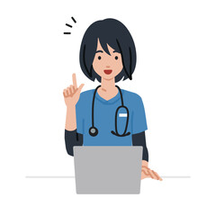 デスクで座ってPCを開いて何かひらめいた看護師の女性