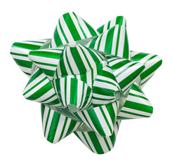 Festive striped green and white ribbon bow isolated on a transparent background