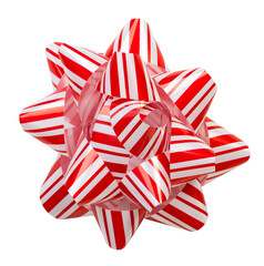 Festive striped red and white ribbon bow isolated on a transparent background
