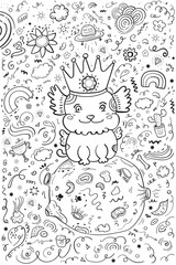 Dog with angel wings with a crown on its head. Doodle dog in space on the moon