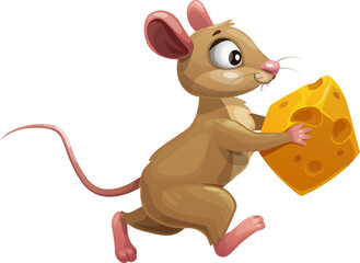 Funny cartoon mouse with cheese, cute rat animal