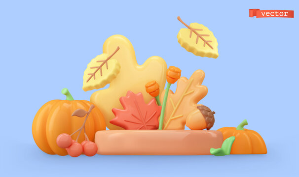 Autumn decoration. Leaves, pumpkin, acorn, rowan. 3d render vector objects
