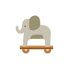 Illustration of a wooden toy. Elephant on wheels. Entertainment and developing activities for babies. Cute unisex design. Scandinavian style. Hand drawn vector illustration. Childhood, baby store.