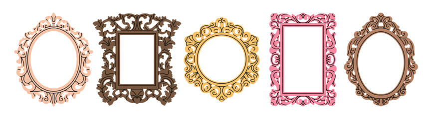 Big set with frames. Various frame shapes and colors. Antique, vintage style. Luxury design for royal or museum interiors.
Hand drawn vector illustration. Print, postcard, invitation, packaging design