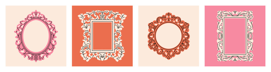 Posters set with frames. Various shapes and colors. Antique, vintage style. Luxury design for royal, museum interiors.
Hand drawn vector illustration. Cute design in pastel colors. Print, postcard etc