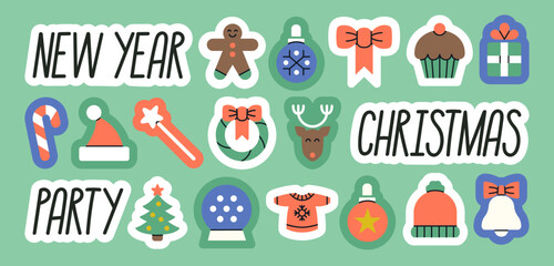 Big set of stickers with symbols of Christmas - the best family holiday of the year! Happy New Year and Merry Christmas concept. Includes phrases and illustrations. Hand drawn vector illustration.