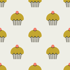 Seamless pattern with a cupcake. Cute style, pastel colors. New Year and Christmas concept. Ideal for packaging. Hand drawn vector illustration. For print, fabric and wrapping paper design.