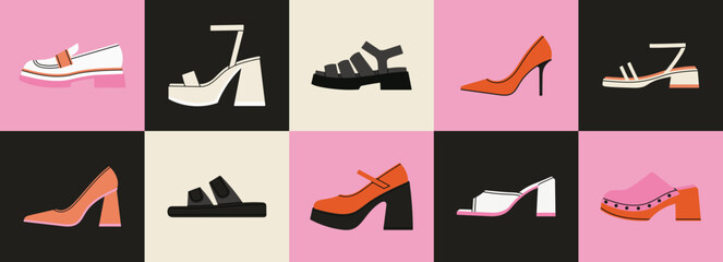 Big set with different shoes: sandals, clogs, high heels, loafers, mules, platform etc. Icon set. Stylish footwear. Fashion and lifestyle. Hand drawn vector illustration. Flat design.