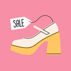 Sale banner with illustration of high heeled shoes. Advertising poster design for online store, blog, social media and promotions. Hand drawn vector illustration. Online shopping and fashion concept.