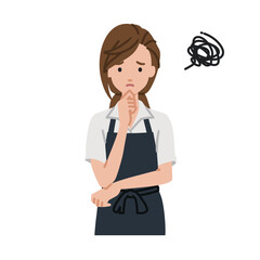 立って手をあごにあてて困っている店員の女性