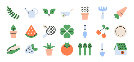 Set of icons with gardening symbols. Spring time. Cute style in trendy colors. Rural lifestyle and nature concept. Icons, highlights. Hand drawn vector illustration. For web and typographic design.