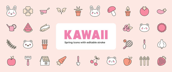 Obraz na płótnie Canvas Big set of icons with gardening symbols. Spring time. Cute Kawaii style in pastel colors. Rural lifestyle and nature concept. Editable stroke. Icons, web and typographic design.