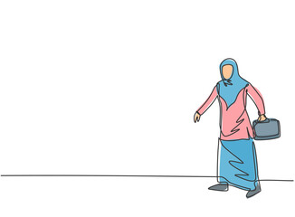 Continuous one line drawing young Arab female worker walking to the office. Success business manager. Minimalist metaphor concept. Single line draw design vector graphic illustration