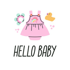 Poster with Hello Baby hand drawn lettering. Cute illustration of tiny dress and toys for a newborn. Happy Birthday or Baby Shower concept.
Vector illustration. Print, postcard, invitation design etc.