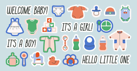 Fototapeta na wymiar Big set of stickers with clothes, toys and products for newborn babies. Includes phrases and illustrations. Baby Shower or Birthday concept. Cute vector illustrations isolated on blue background.