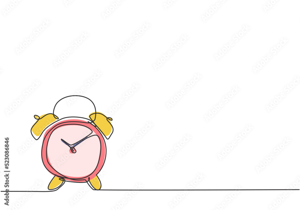 Poster single continuous line drawing of old retro alarm analog clock on the floor. minimalism metaphor bus