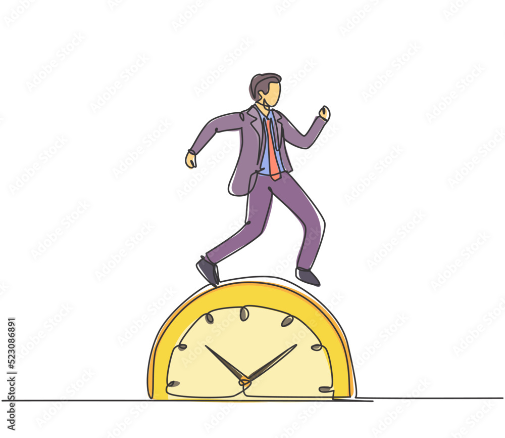 Poster single continuous line drawing young business man walking on the big analog clock. minimalism metaph