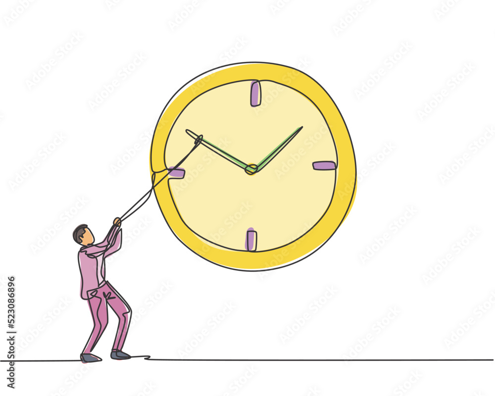 Poster continuous one line drawing young male worker pulling clockwise of big analog wall clock with rope. 