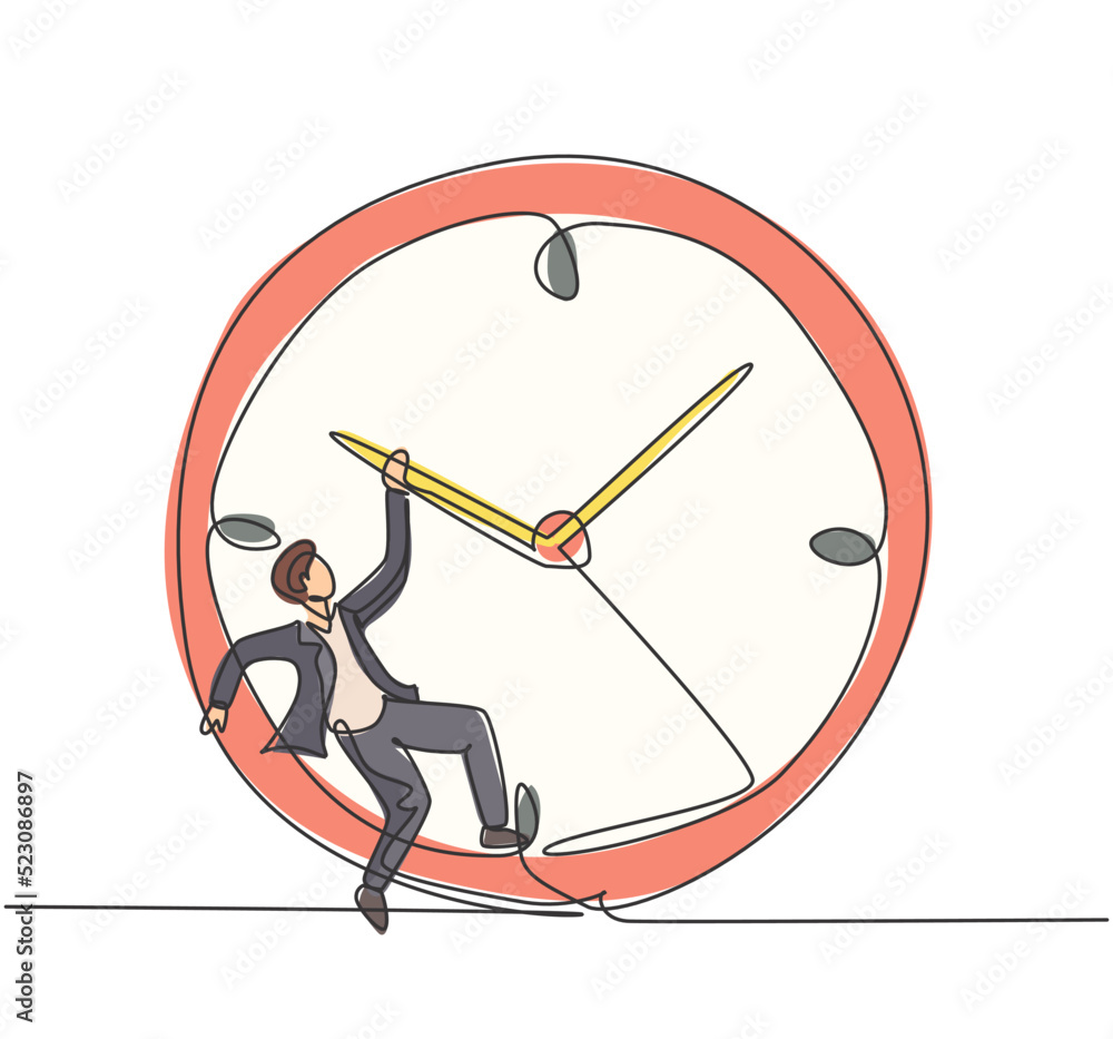 Poster single one line drawing of young business man hanging on clockwise of giant analog clock. business t