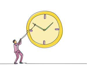 Continuous one line drawing young male worker pulling clockwise of big analog wall clock with rope. Time management business minimalist concept. Single line draw design vector graphic illustration