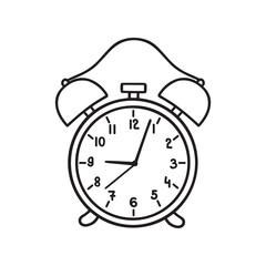 Hand drawn alarm clock doodle icon. Retro alarm watch in sketch style. Vector illustration isolated on white background.