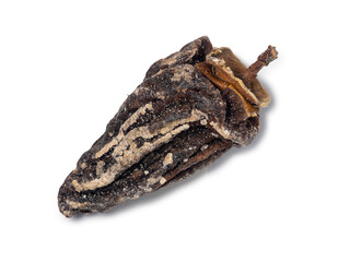 Dried persimmon on a white background. Dry fruits of the tree. Dried fruit isolate. Wrinkled persimmon. Sample. Healthy food concept.  Place for an inscription