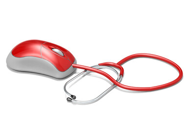 Computer mouse and stethoscope on white background