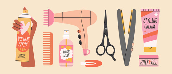Big set with attributes of hairstyling process - hairdryer, cosmetics, scissors, comb etc. Products and equipment for haircuts and hair care in salon or at home. Hand drawn vector illustration.