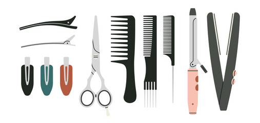 Big set with attributes of hairstyling process - scissors, comb, hairpins, curling iron etc. Products and equipment for haircuts and hair care in salon or at home. Hand drawn vector illustration.