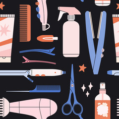 Seamless pattern with attributes of hairstyling process - scissors, comb, hairpins, curling iron etc. Products for haircuts and hair care.
Hand drawn vector illustration. Print, fabric, wrapping paper