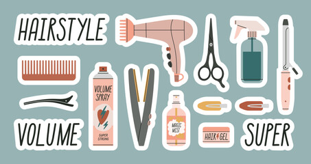 Big set of stickers with attributes of hairstyling process. Includes phrases and illustrations. Products and equipment for haircuts and hair care in salon or at home. Hand drawn vector illustration.