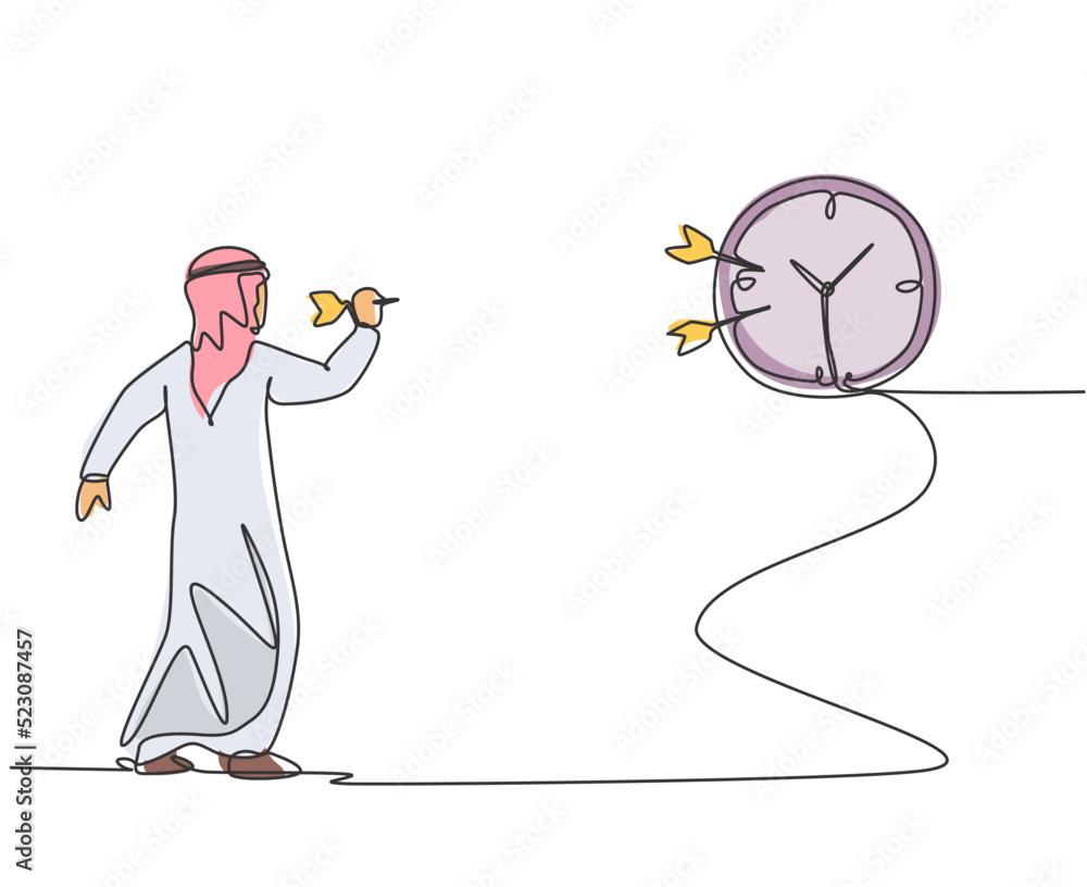 Poster single continuous line drawing young arab business man hit the analog clock on wall with dart arrow.