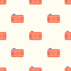 Seamless pattern with a camera. Cute style, classical colors. Photography, tourism and vacation concept. Ideal for packaging. Hand drawn vector illustration. For print, fabric, wrapping paper design.