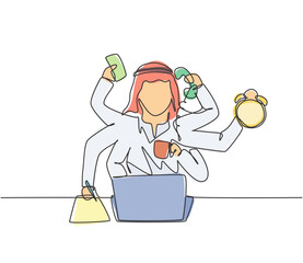 Single continuous line drawing young Arab business man with holding telephone, alarm clock, paper. Business time discipline metaphor concept. Dynamic one line draw graphic design vector illustration.