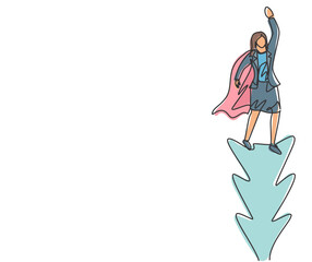 Continuous one line drawing young woman worker flying high into the sky to reach big goals. Big vision of business target minimalist concept. Single line draw design vector graphic illustration.