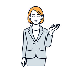 笑顔で紹介をするビジネスウーマンのシンプルなベクターイラスト素材