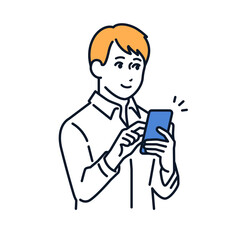 スマホを操作する若い男性のシンプルなベクターイラスト素材