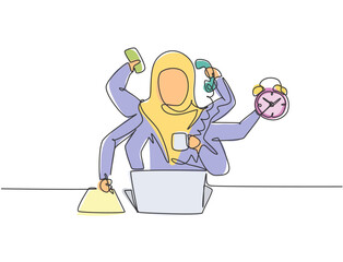 Continuous one line drawing young Arab female worker with holding telephone, alarm clock, paper. Business time discipline metaphor concept. Single line draw design vector graphic illustration.