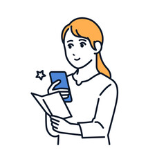 スマホで通知ハガキを撮影する若い女性のシンプルなベクターイラスト素材