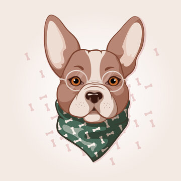 Cute muzzle of a French bulldog with a green scarf. Funny face in cartoon style. Hand-drawn character for printing on textiles, cards and banners