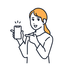 スマホを持って紹介する若い女性のシンプルなベクターイラスト素材