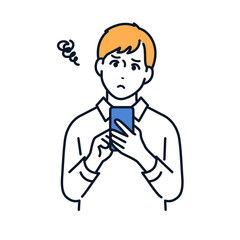 スマホを見て困る若い男性のシンプルなベクターイラスト素材