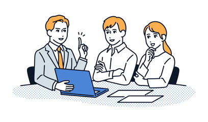 説明するビジネスマンと相談する若い夫婦のシンプルなベクターイラスト素材