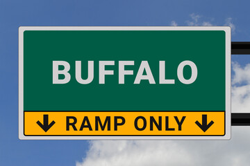 Buffalo logo. Buffalo lettering on a road sign. Signpost at entrance to Buffalo, USA. Green pointer in American style. Road sign in the United States of America. Sky in background